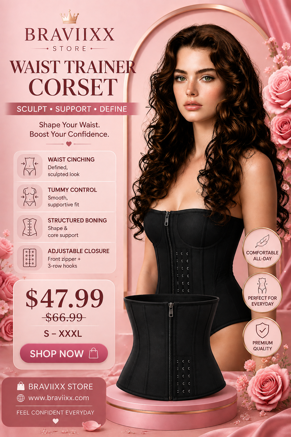 Waist Trainer Corset | Zipper + 3-Row Hook & Eye | Tummy Control · Waist Cincher · Body Shaper | Black | Braviixx