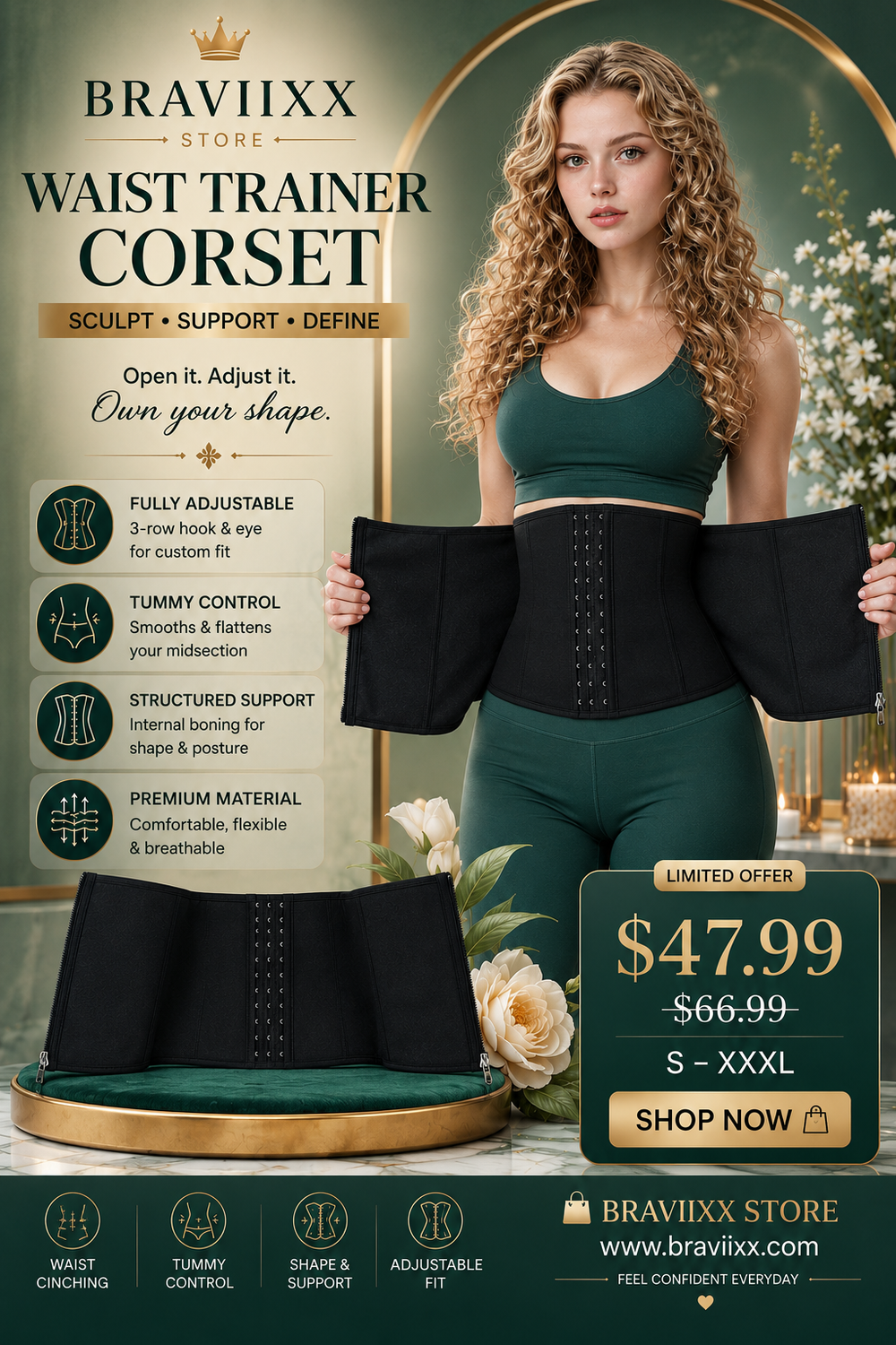 Waist Trainer Corset | Zipper + 3-Row Hook & Eye | Tummy Control · Waist Cincher · Body Shaper | Black | Braviixx