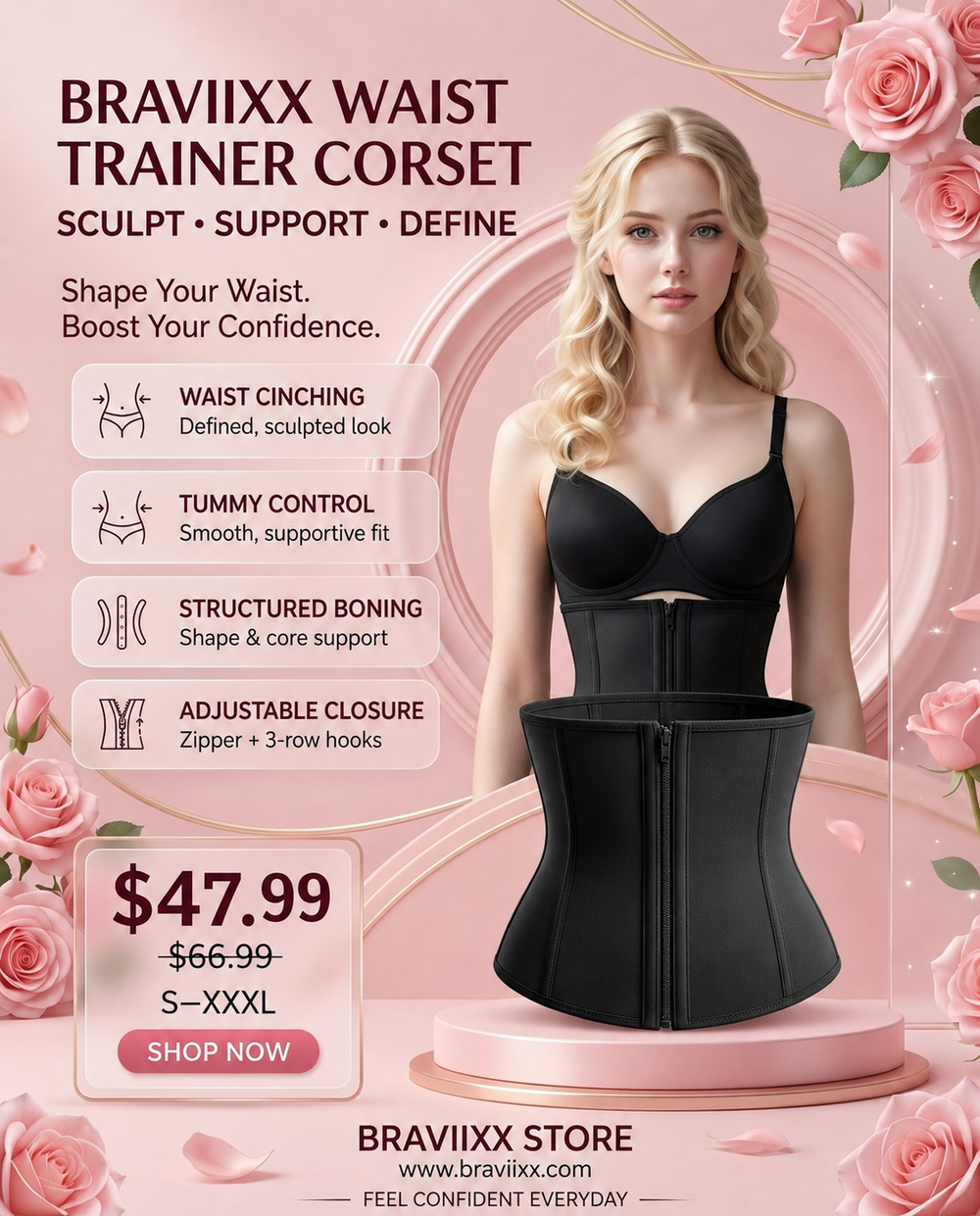 Waist Trainer Corset | Zipper + 3-Row Hook & Eye | Tummy Control · Waist Cincher · Body Shaper | Black | Braviixx