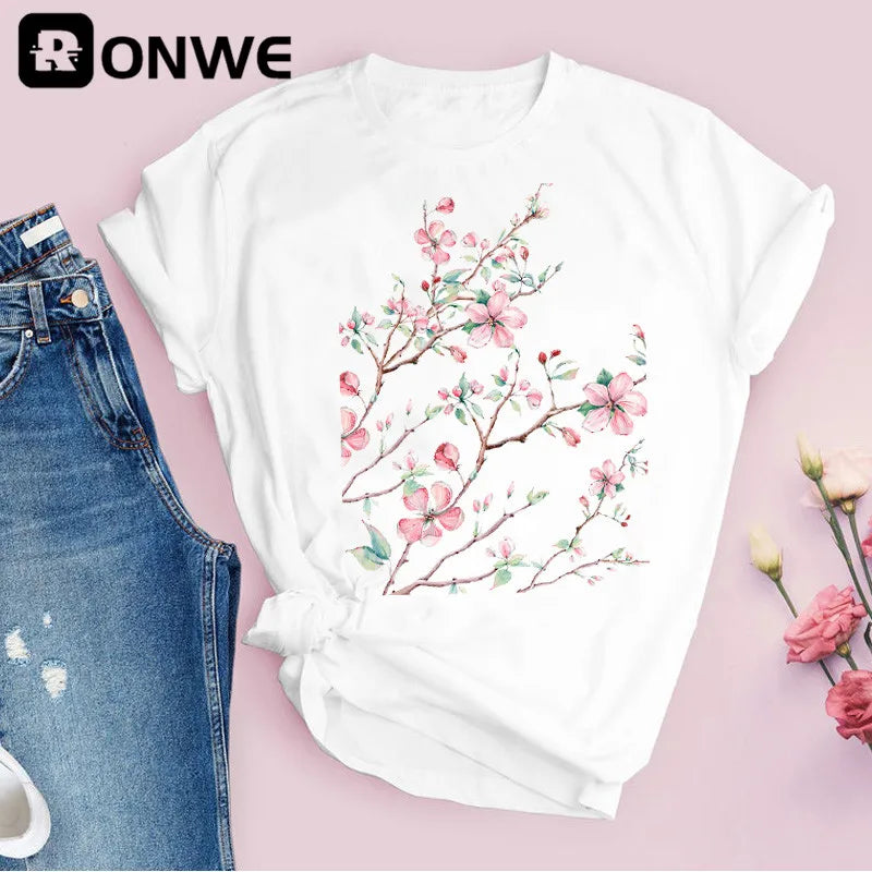 Women Graphic Flower Floral Print T-shirt Girl Funny 90S Print Tops Tee,Drop Shipping