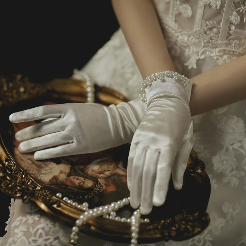 Wedding Bridal Satin Short Gloves Pearl Beaded Prom Mittens