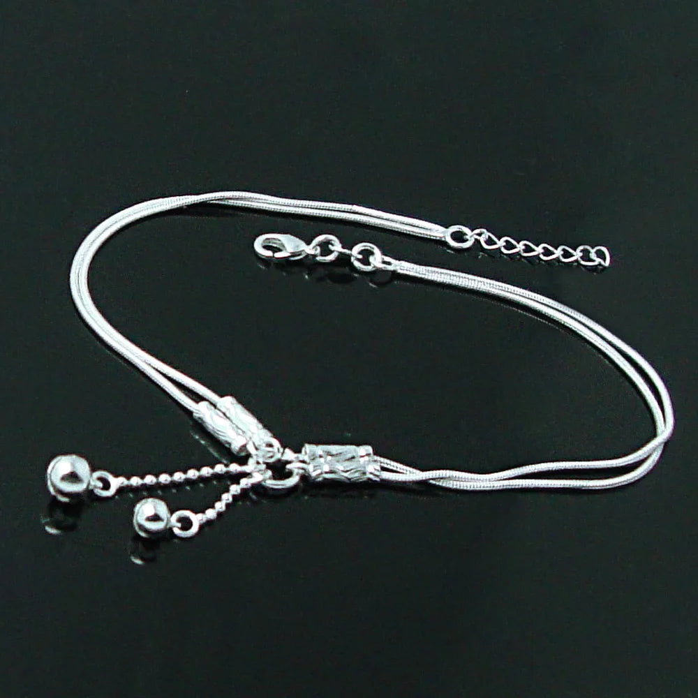 Fashion Cute Girl Bell Anklets Women Solid 925 Sterling Silver Snake Chain Anklets Contracted Double Chain 27cm Anklets Jewelry