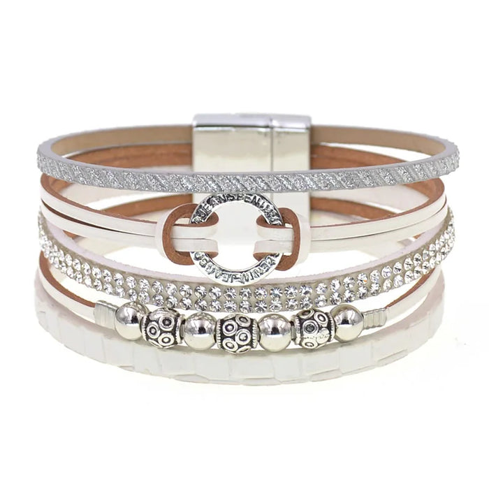 Women's Multi-Strand Boho Leather Wrap Bracelet | CZ Rhinestone & Bead Detail | Magnetic Clasp | 6 Colours | 17–19cm