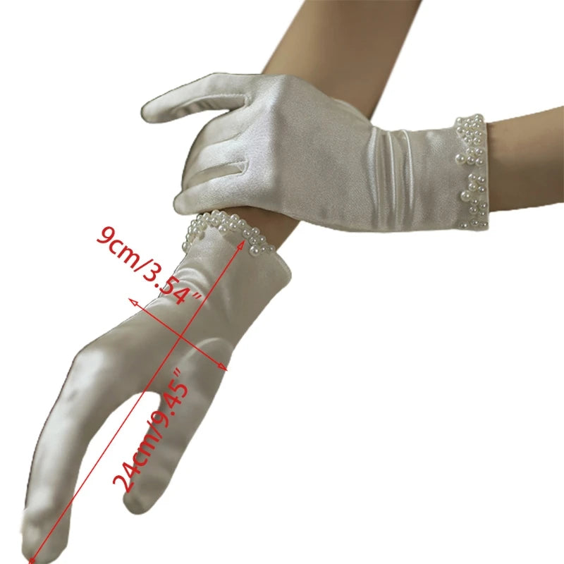 Wedding Bridal Satin Short Gloves Pearl Beaded Prom Mittens