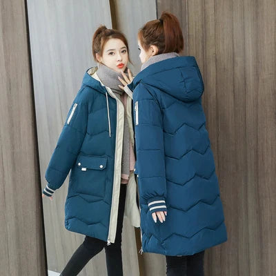 Women's Long Hooded Puffer Coat | Chevron Quilting & Striped Cuffs | Braviixx