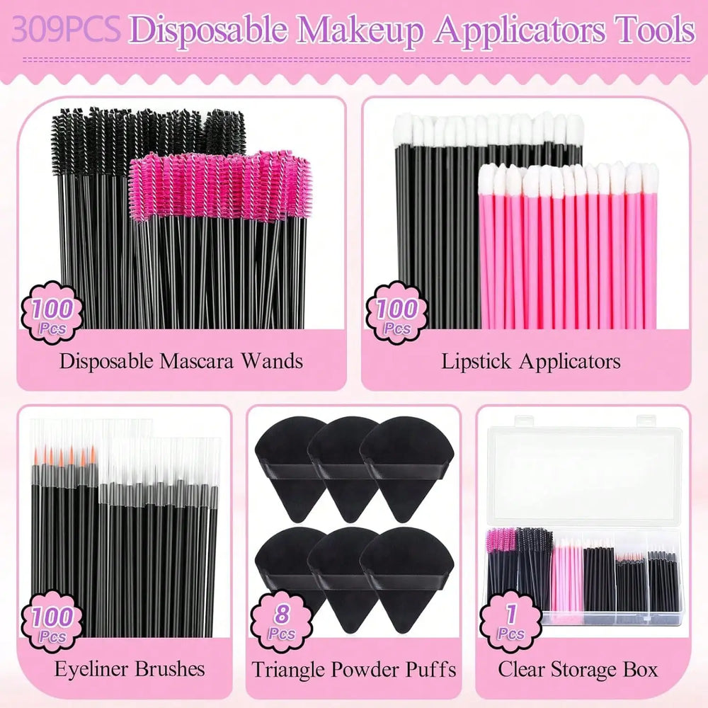 309-Piece Disposable Makeup Applicator Kit | Wands, Puffs & Beauty Tools | Braviixx