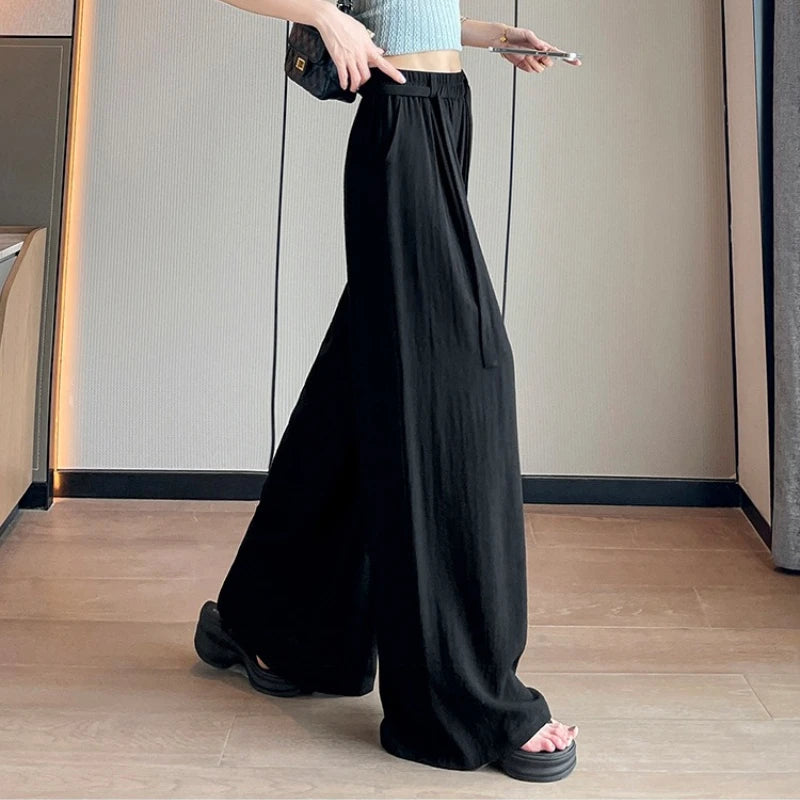 Cotton Linen Wide-Leg Pants 2026 Women Summer Casual Solid Holiday Pants Feet Cool Breathable Ice Silk Drape Mop Straight Pants