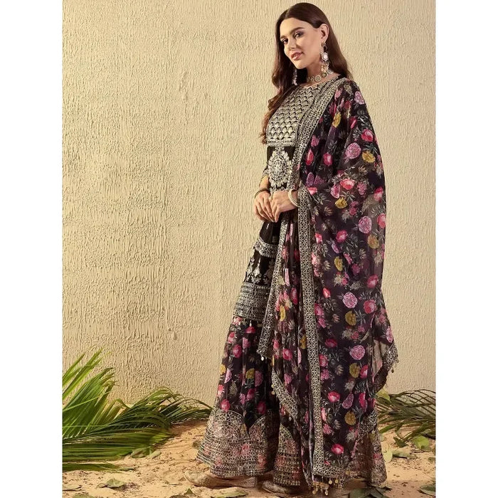 Embroidered Punjabi Suit | Floral Sharara & Dupatta Set | Braviixx