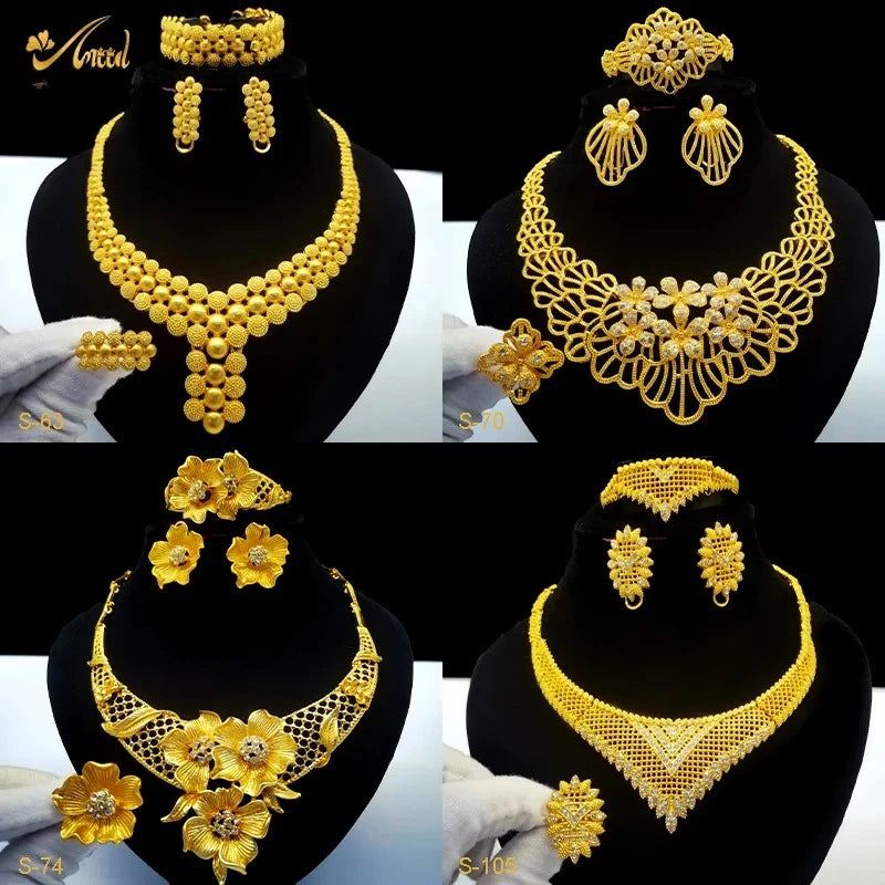 Gold-Tone Bridal Jewelry Set | Necklace, Earrings, Bracelet & Ring | Braviixx