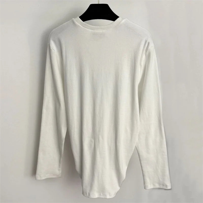 Women's t-shirt 2026 Summer New Stretch Knitted Slimming Women's Long Sleeve Top pure cotton round neck pullover y2k Top women