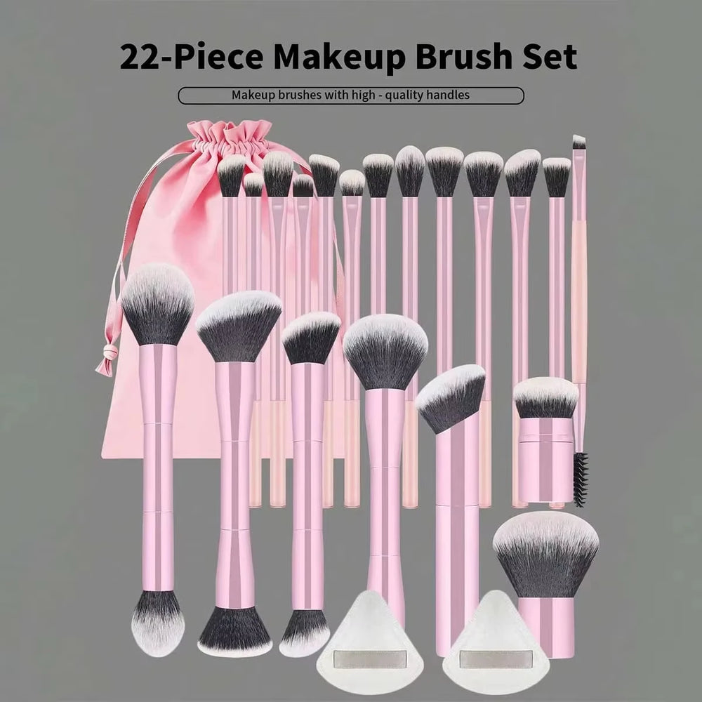 22-Piece Makeup Brush Set | 20 Brushes, 2 Powder Puffs & Bag | Braviixx