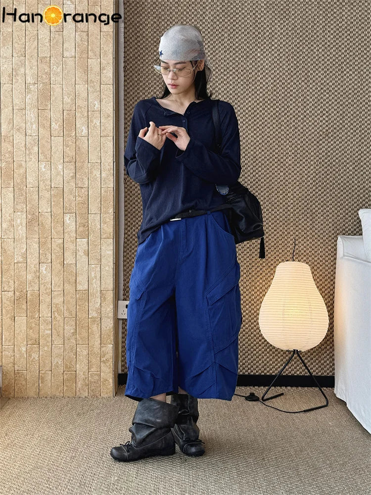 HanOrange 2026 Summer High Waist 3D Pleated Pocket Calf-Length Jeans Women Loose Cropped Denim Capris Military Green/Blue