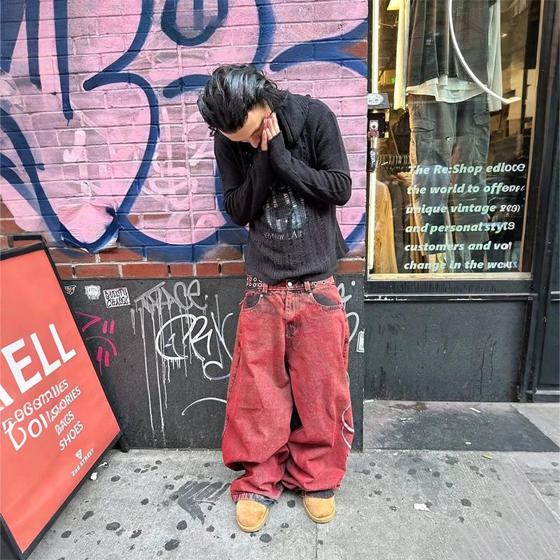 Vintage 2000s Washed Red Rivet Waist Belt Jeans Casual Denim Pants Straight Wide Leg Jeans Harajuku Y2k Women Clothing
