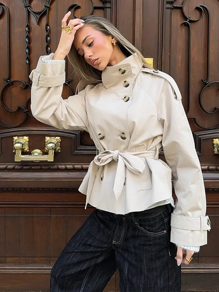 Women's Coats Jacket Double Breasted Belted Cropped Trench Coat Stand Collar Long Sleeve Casual New Arrival Outerwear For Ladies