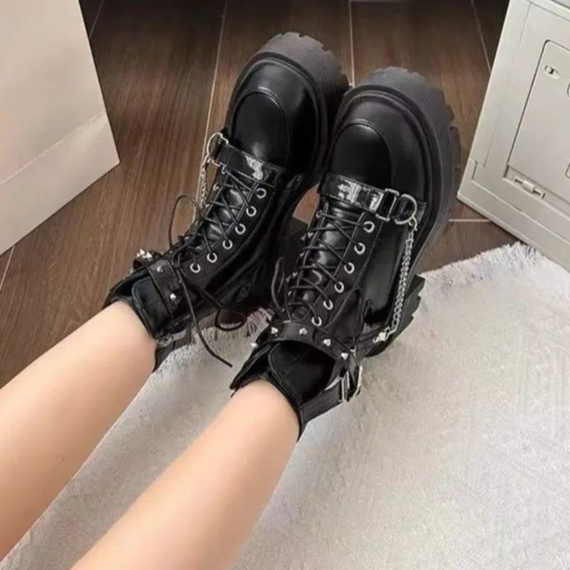 Women's Gothic Platform Ankle Boots – Punk Rivet Lace-Up Motorcycle Boots