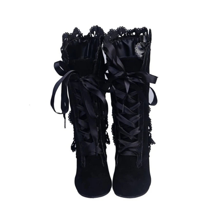 Women's Black Ribbon Lace-Up Boots | Block Heel | Braviixx