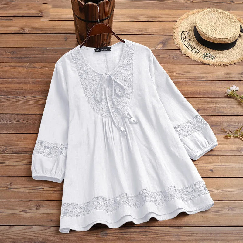 Elegant Women's Shirts White Blouse 2025 Spring New Cotton Linen Lace Long Sleeve Top Lady Blouses Camisas De Mujer Lady Blouses