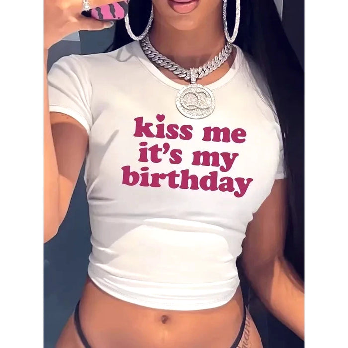 2000s Cropped Shirt Birthday Letter Print Graphic Print Crew Neck Crop Top Short Sleeve T-shirt Summer Women's Y2k Baby Tee
