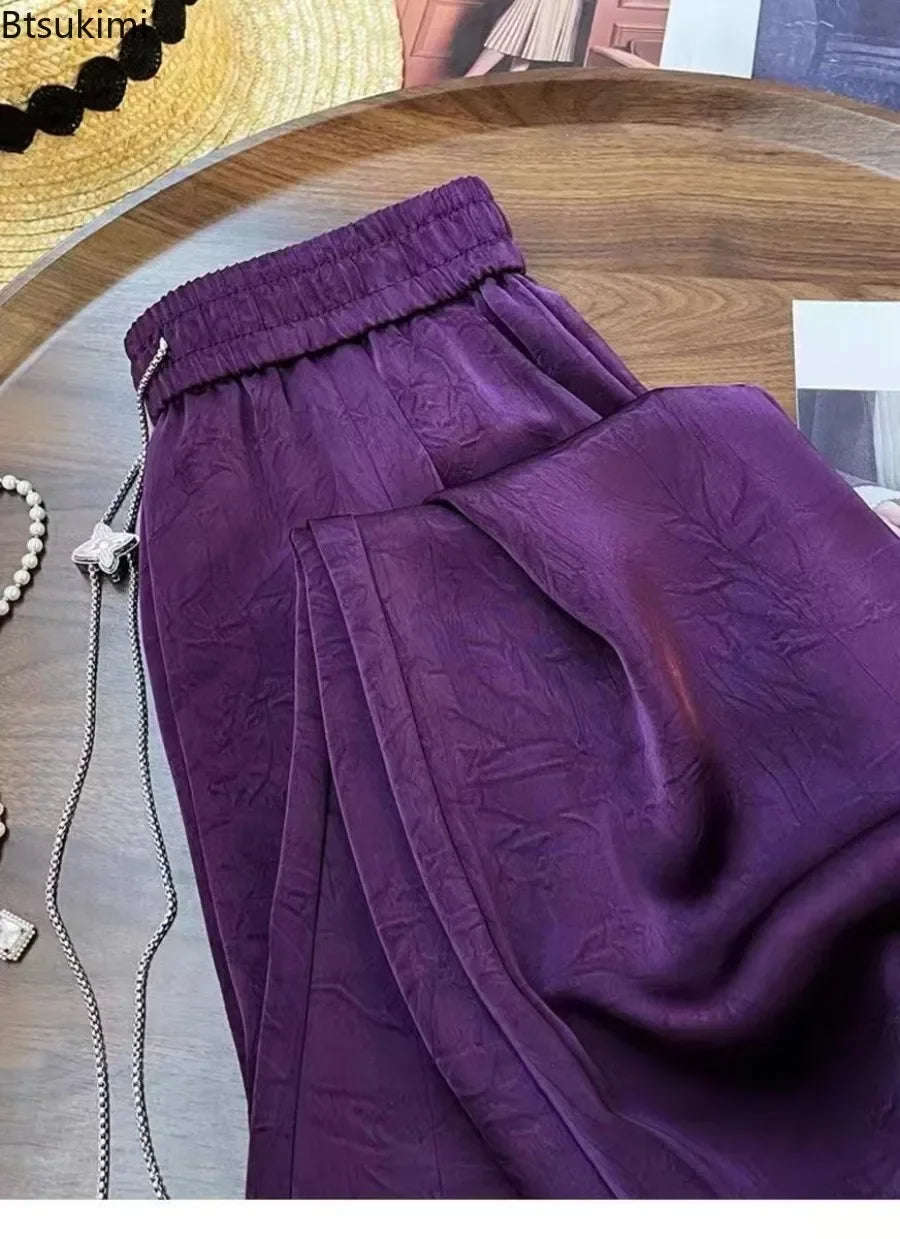 2026Women's Vintage Satin Long Pants Chinese Style Solid High Waist Wide Leg Pants Loose Casual Versatile Streetwear Women Pants