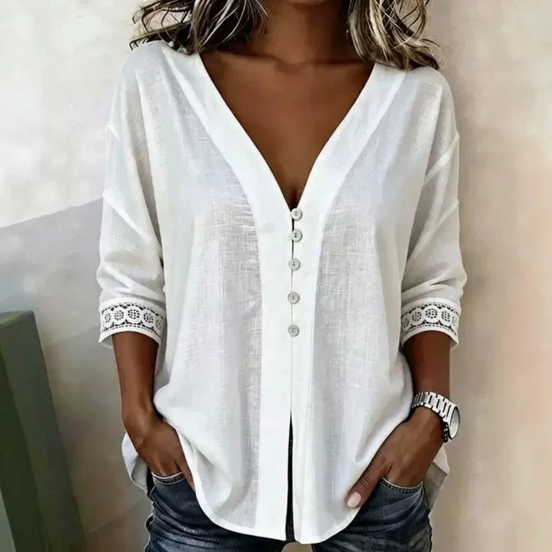 Women V‑Neck Button Blouse 3/4 Sleeve Lace Cuff Shirt Casual Loose Linen Tunic Tops Bohemian Daily Wear Ladies Summer Shirts