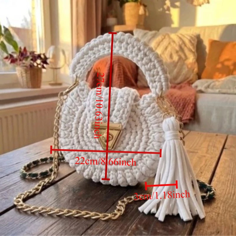 Round Crochet Handbag | Tassel & Chain Shoulder Strap | Braviixx