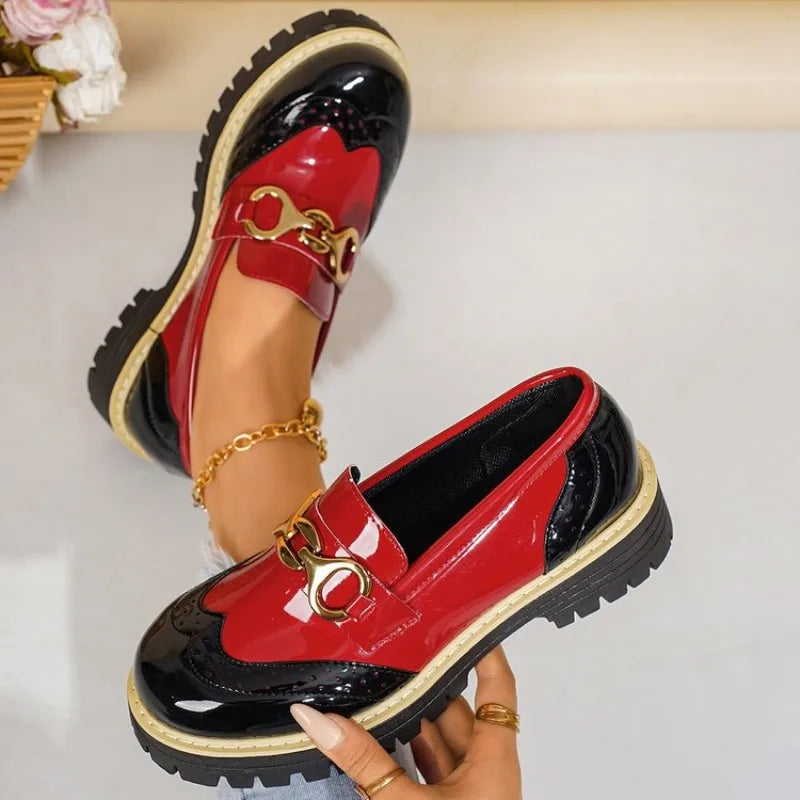 Women's Glossy Colourblock Loafers | Chunky Sole & Gold-Tone Detail | Braviixx