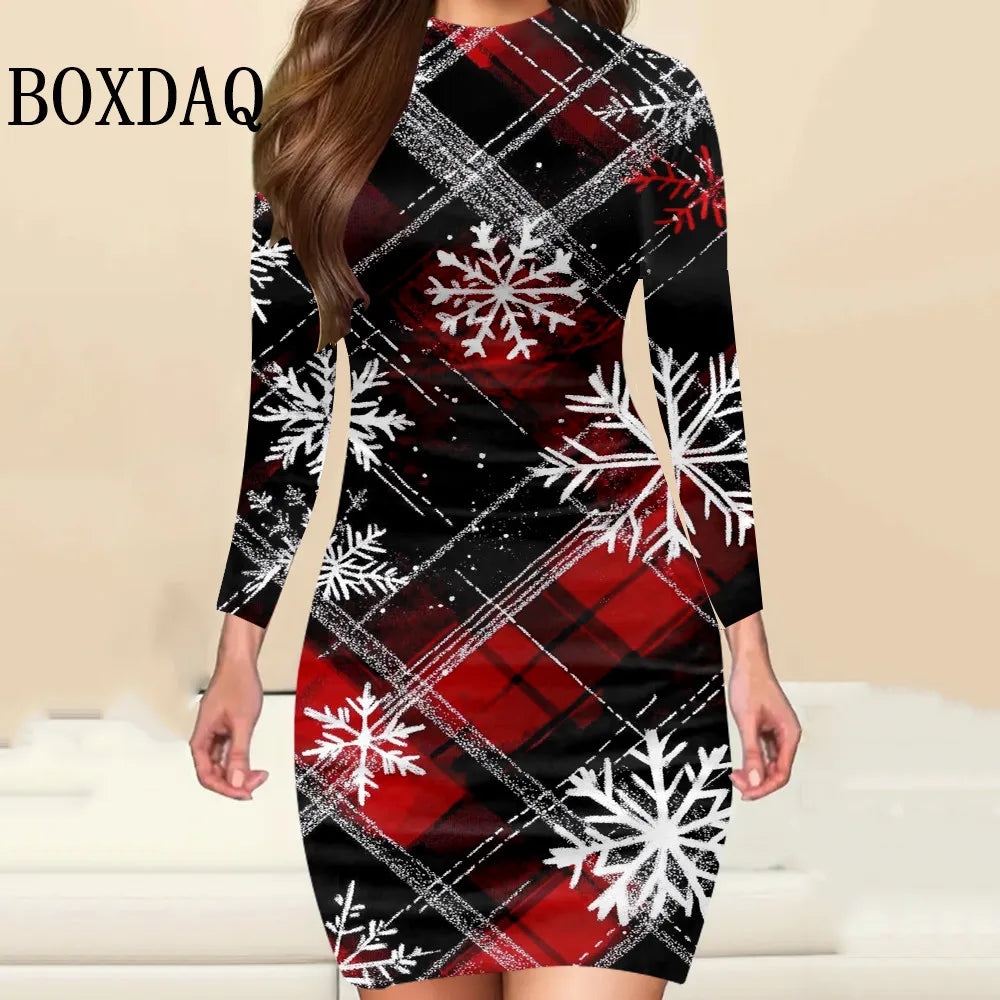 Christmas Print Bodycon Mini Dress | Long Sleeves | Braviixx