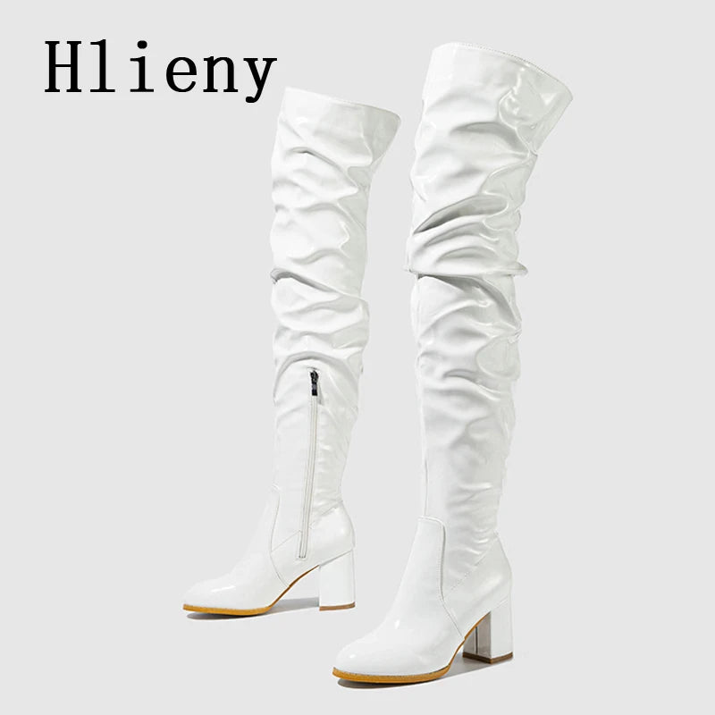 Women's Thigh High Patent Leather Boots – Square Heel Over-the-Knee Zip Boots | EU 35–42 | 3 Colors