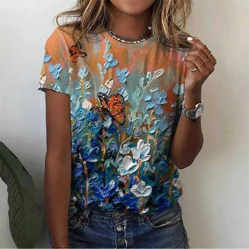 3D Flower Print T-Shirt | Summer Short Sleeve Graphic Tee | Braviixx