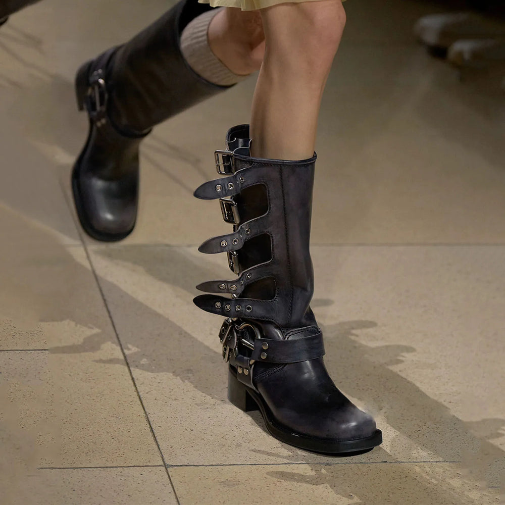 Multi-Buckle Tall Boots | Harness Detail & Block Heel | Braviixx