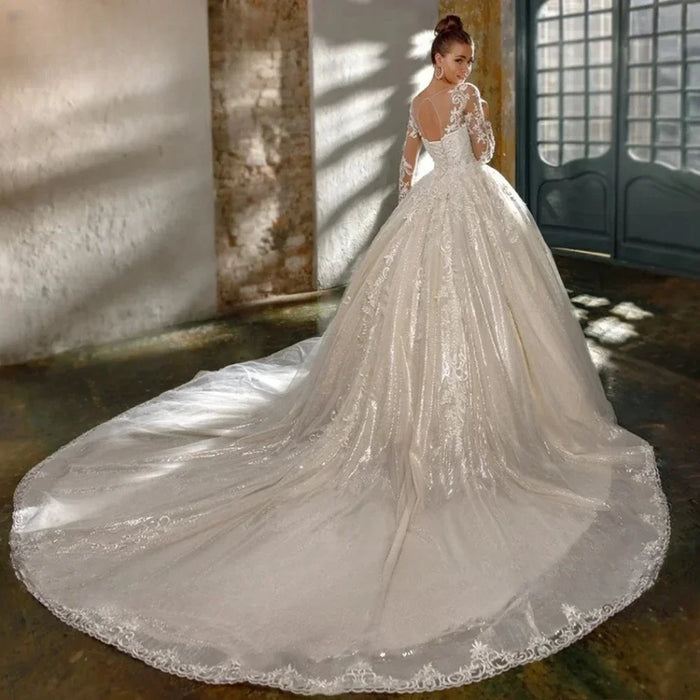 Lace Wedding Ball Gown | Long Illusion Sleeves & Open Back | Braviixx