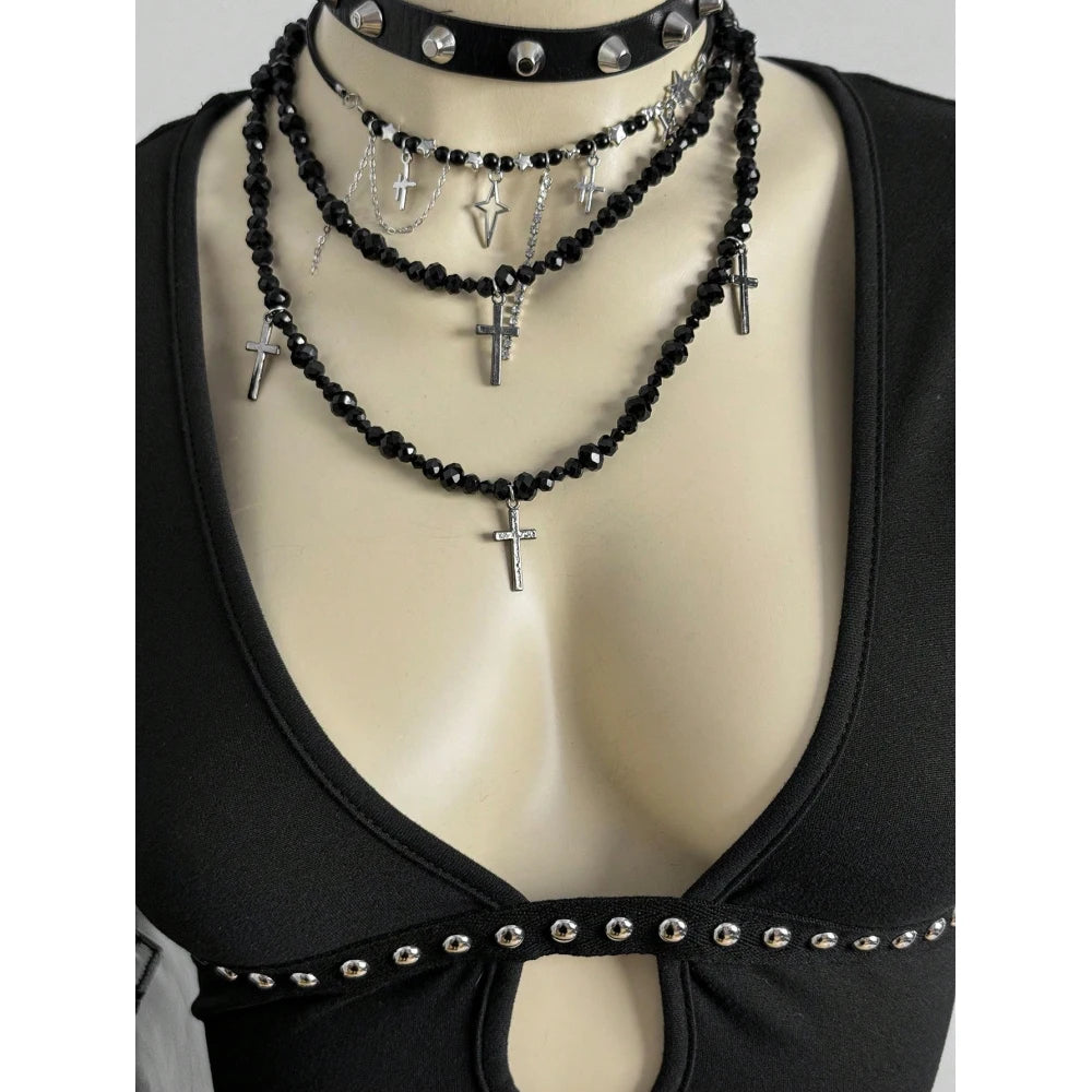 Gothic Punk Top Women Black Stud Embellished Deep V Neck Cutout Short Sleeve Fitted Blouse 2026