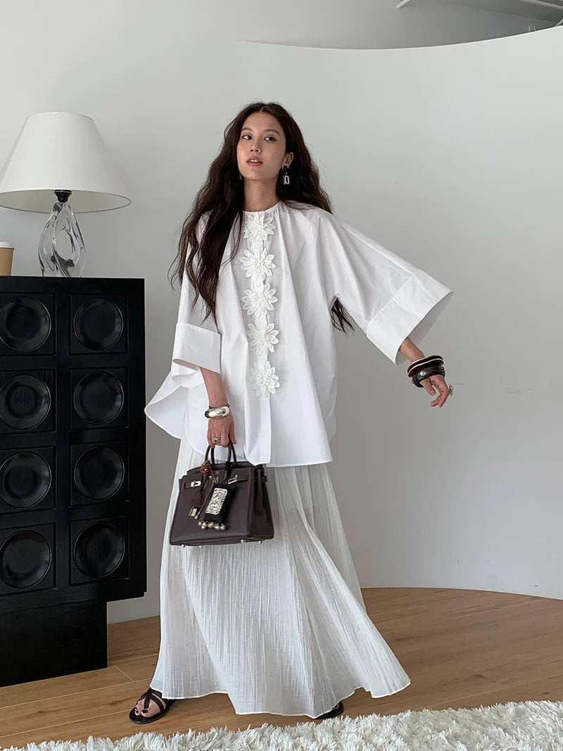 CHEERART Designer Cotton White Oversized Shirt For Woman Applique Half Sleeve Button Up Shirts Blouse 2026 Fashion Clothes