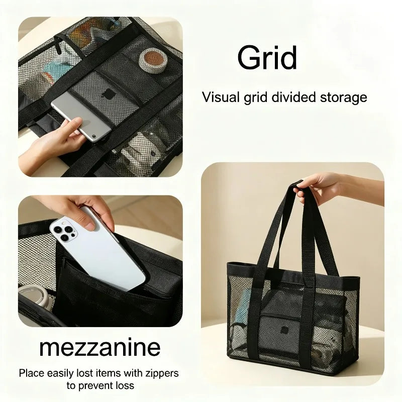 Mesh Beach Tote Bag | Exterior Pockets & Twin Handles | Braviixx
