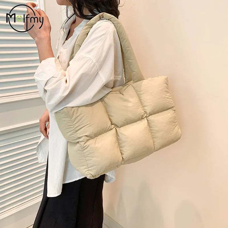 Women's Quilted Plaid Large Capacity Tote Shoulder Bag