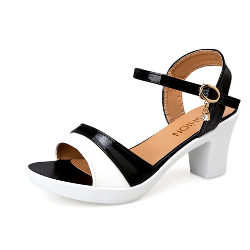 Women Fashion Black & White High Quality Patent Leather High Heel Shoes Lady Casual Spring & Summer Buckle Strap Sandals A42