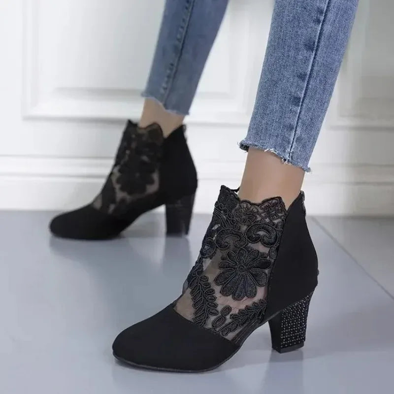 Women's Floral Lace Ankle Boots | Embellished Block Heels | Braviixx