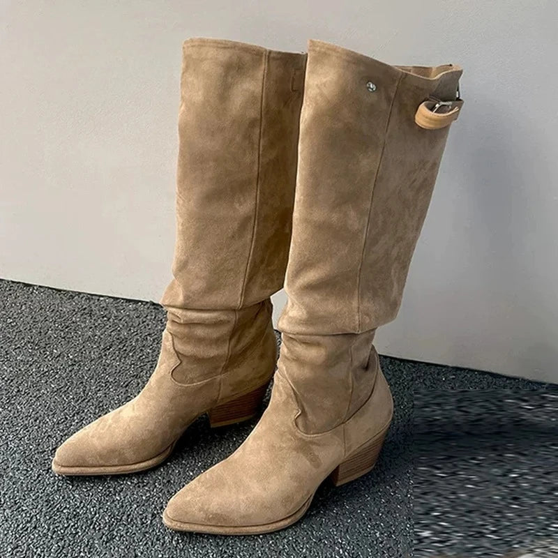 Faux Suede Western Boots | Buckle & Block Heel | Braviixx