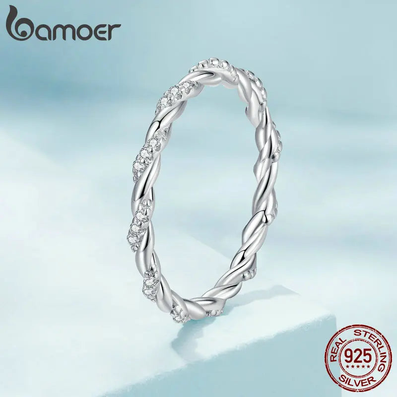 BAMOER 925 Sterling Silver Braided Texture Twisted Eternity Band Stackable Rings Fine Jewelry