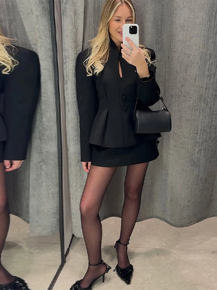 Elegant Stand Collar Blazer Women Solid Full Sleeve Button Pleated Slim Jackets 2026 Fashion Spring Waist-closed Coat Lady