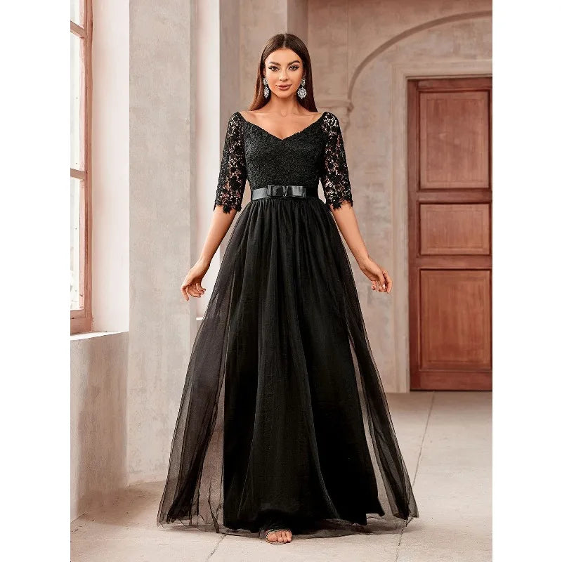 V-Neck Off Shoulder Lace Tulle A-Line Maxi Gown | Bridesmaid & Wedding Guest Dress