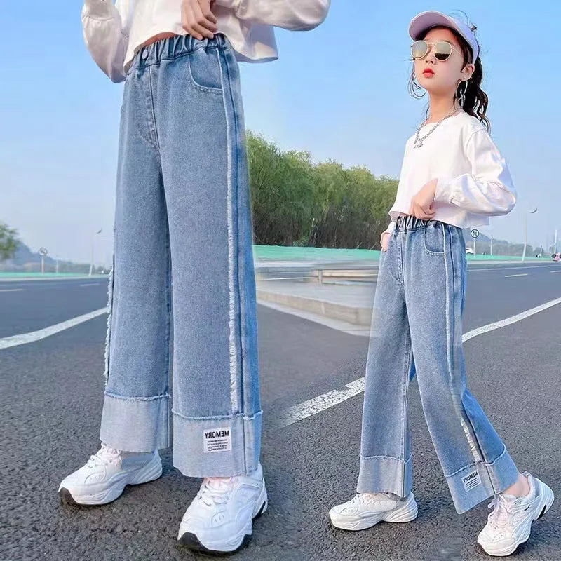 2026 Newest Children's High Waisted Straight Fit Ripped Jeans With Holes For Girls Casual Denim Pants For 5 7 9 11 13 14 Years