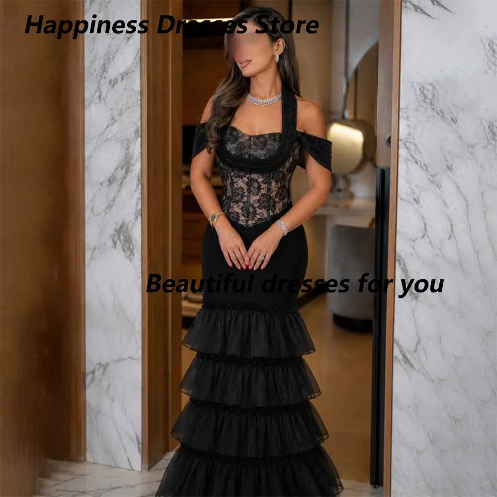 Off-Shoulder Lace Corset Tiered Ruffle Tulle Mermaid Gown | Formal Evening & Wedding Guest Dress
