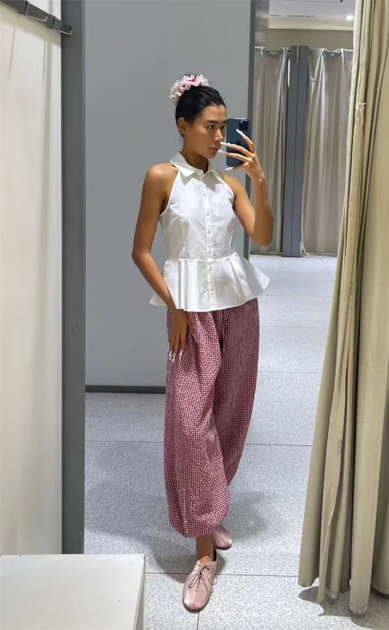Women's Long Pants 2026 Summer New Style Red Plaid Drawstring Lantern Pants Long Pants Beach Vacation Casual Fashion