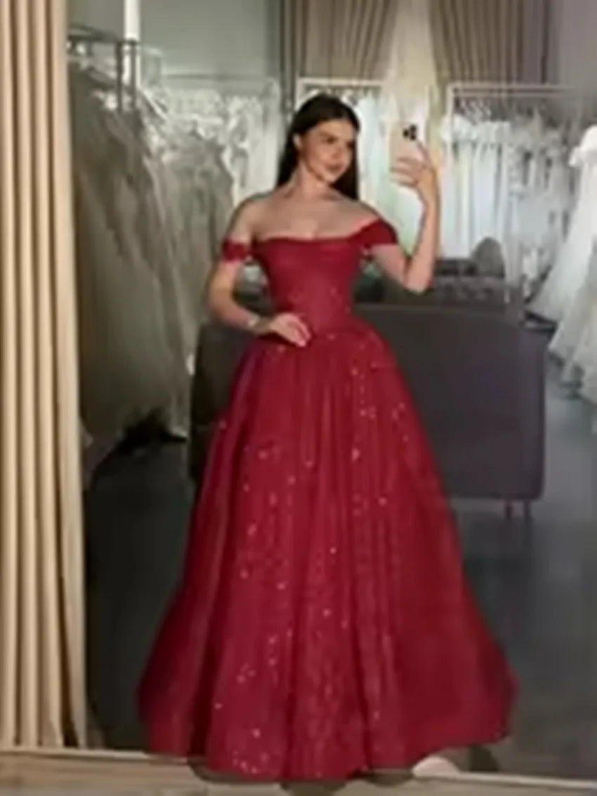 Off-Shoulder Glitter Tulle A-Line Gown | Formal Prom & Wedding Party Evening Dress