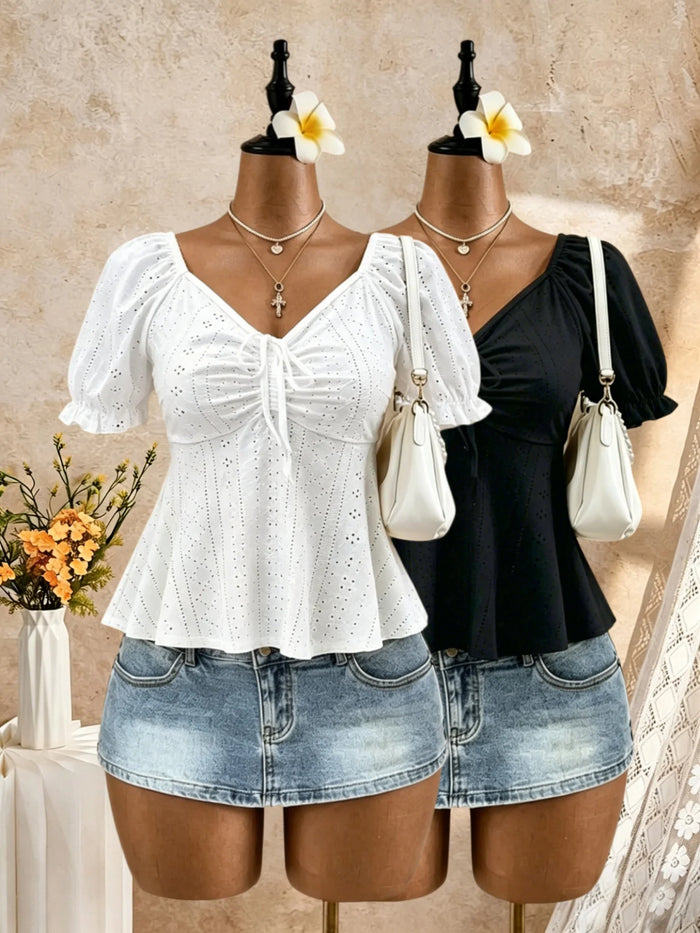 2 Pack Multi-color Women V Neck Puff Short Sleeve Drawstring Ruched Eyelet Embroidery Peplum Blouse 2026 Summer Y2K Casual Vacat