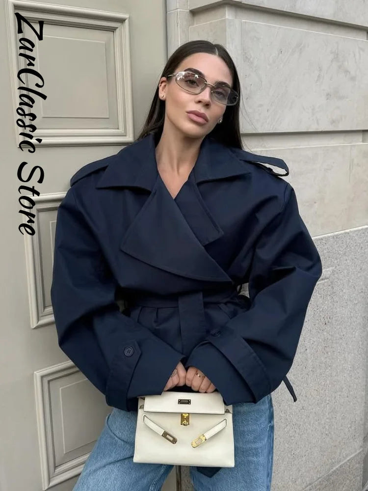 Street Lace Up Trench Coats Women Long Sleeve Lapel Waist Cinching Cropped Windbreaker Female Autumn Lady Elegant Casual Jacket