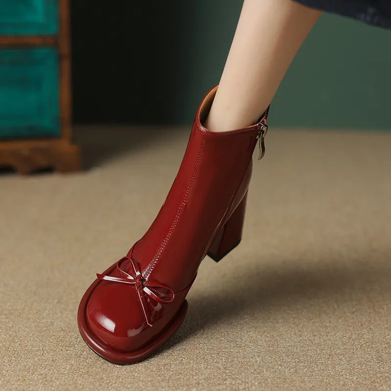 Women's Glossy Bow Ankle Boots | Chunky Heel | Braviixx