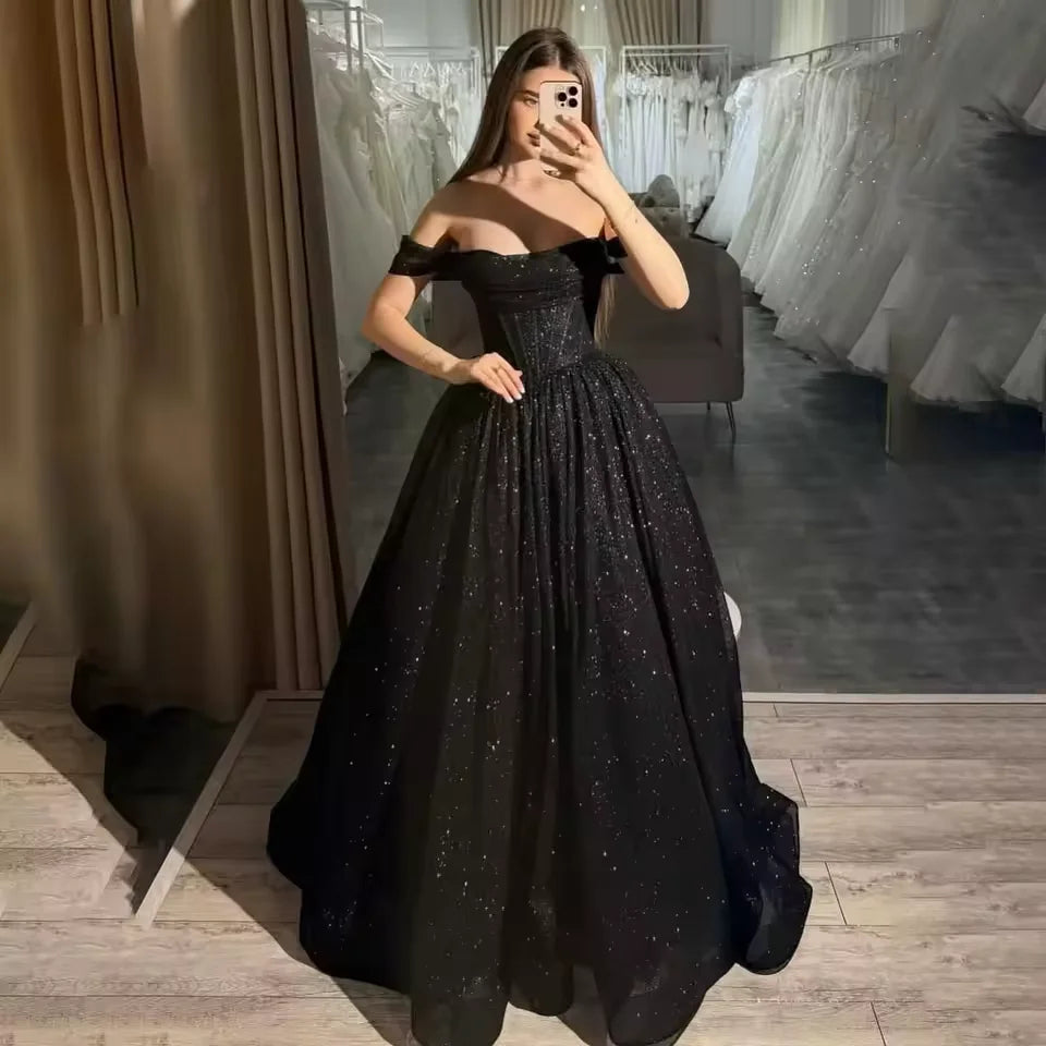 Off-Shoulder Glitter Tulle A-Line Gown | Formal Prom & Wedding Party Evening Dress