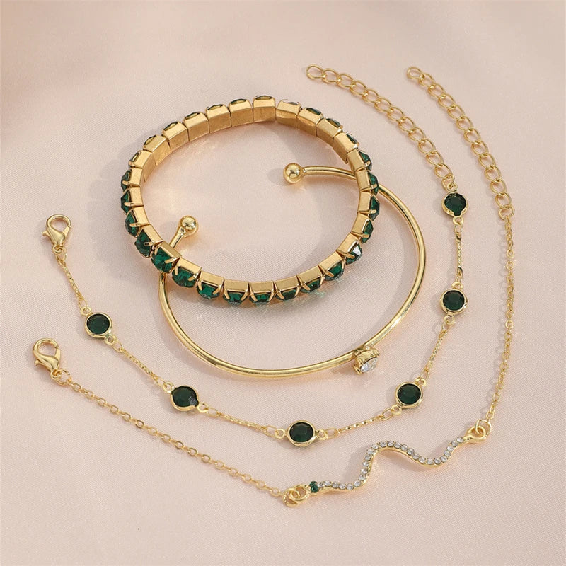 Green Stone Bracelet Set | 4-Piece Gold-Tone | Braviixx